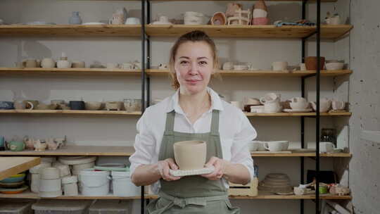 一个女人在陶器工作室拿着一个陶瓷碗
