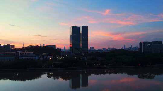 中国广东广州生物岛日落夜景航拍