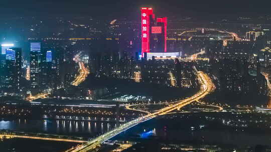 航拍南京主干道城市夜景