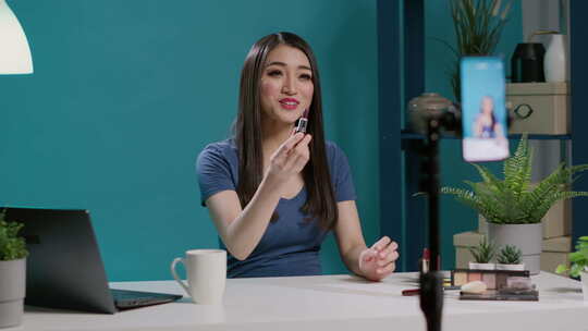 亚洲女性在视频相机上推荐美容产品