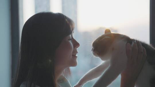 女孩在傍晚夕阳下的落地窗边抱着猫咪玩耍