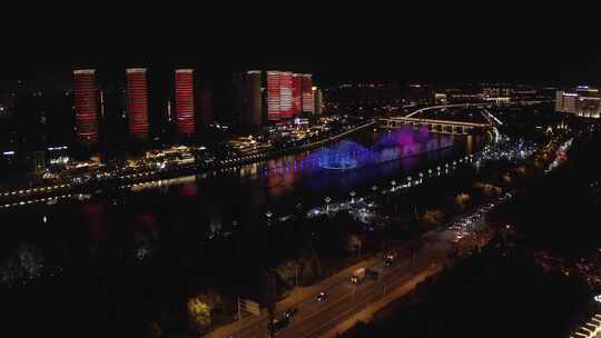 航拍内蒙古呼和浩特东河音乐喷泉夜景