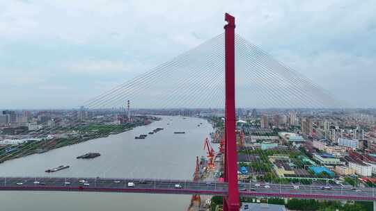 上海市浦东新区杨浦大桥城市车流交通航拍视频素材模板下载