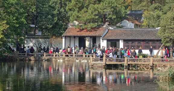 金秋苏州天平山古建筑湖水赏秋人流延时