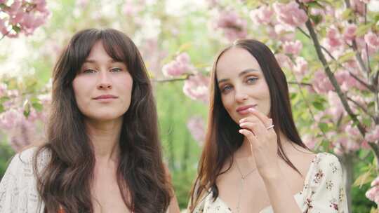 两位美丽女友在盛开的樱花树旁微笑着看着相