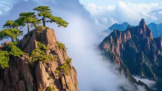 黄山迎客松云海云雾缭绕高山山峰自然风景