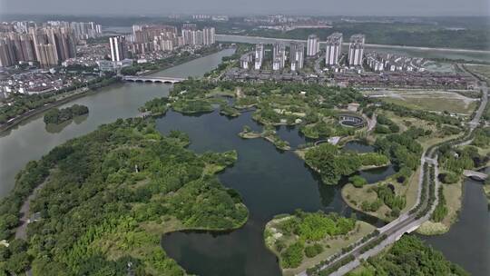 高清航拍四川眉山市东坡湿地公园城市建筑