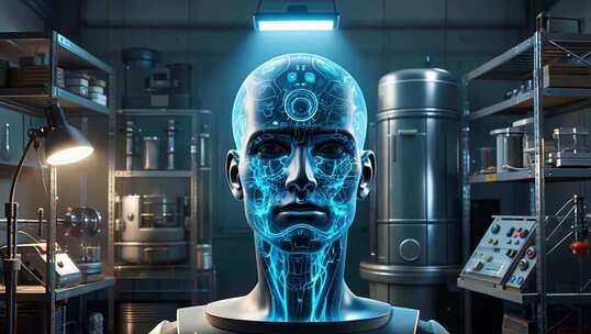 实验室中的人工智能机器人头部