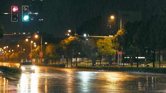 上海梅雨季城市暴雨街头夜景