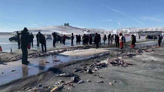 冰封湖面上的传统捕鱼