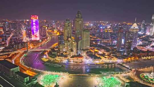 天津海河津湾广场夜景航拍