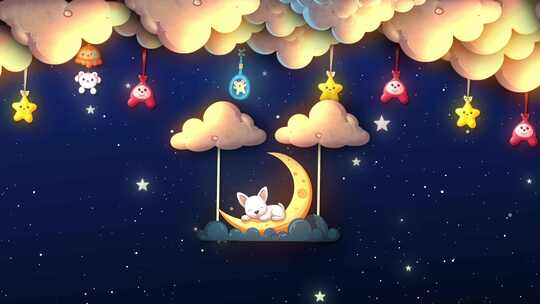 可爱的白狗睡在月亮上，挂在云朵上。狗做梦