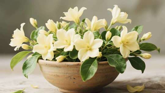 盆栽黄白色花朵特写