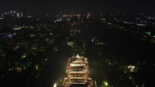 航拍山东济南大明湖5A景区超然楼夜景