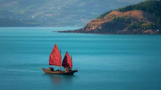 乘风破浪扬帆起航海鸥帆船航行海浪