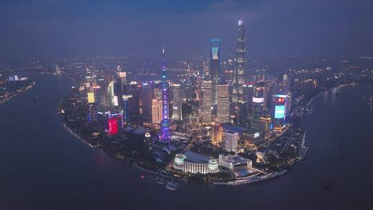 航拍中国上海陆家嘴CBD外滩夜景