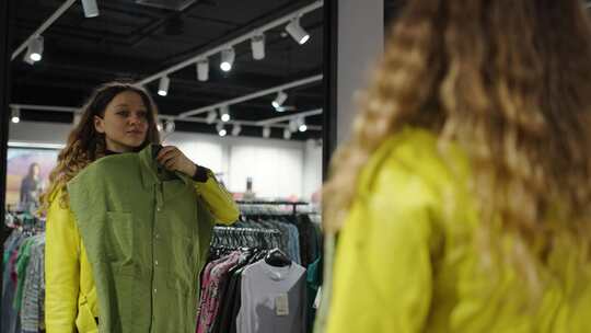 一个女人在服装店的镜子前试穿一件绿色衬衫
