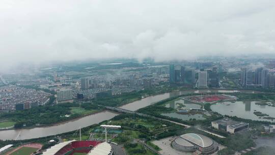 浙江义乌城市地标云海风光航拍