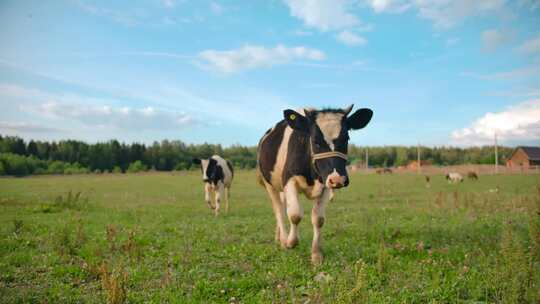 奶牛在绿野中行走视频素材模板下载