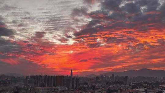 火烧云晚霞城市黄昏时分夜景航拍