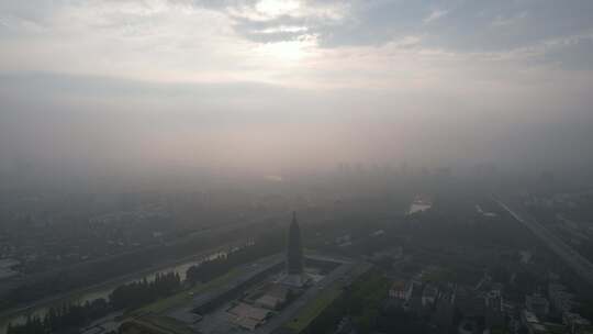 江苏南京城市清晨迷雾日出航拍