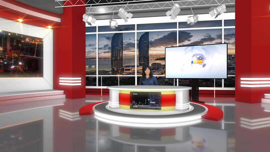3D红色虚拟直播间新闻演播厅大屏幕场景