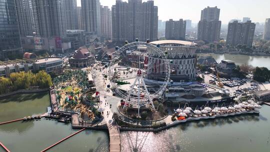 南京百家湖游乐园摩天轮卡丁车航拍视频素材模板下载