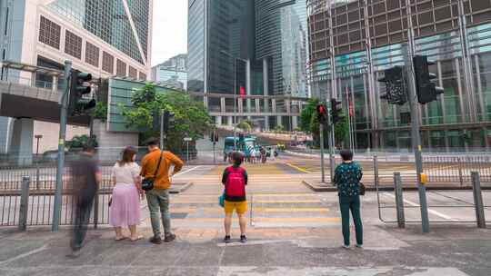 香港城市人来人往_红绿灯过马路日景延时