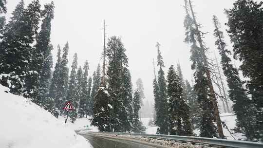 冬季降雪时在弯道上行驶。印度查谟和克什米