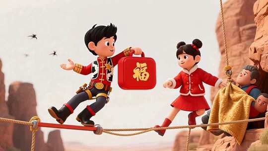 儿童卡通角色走绳索送福箱素材