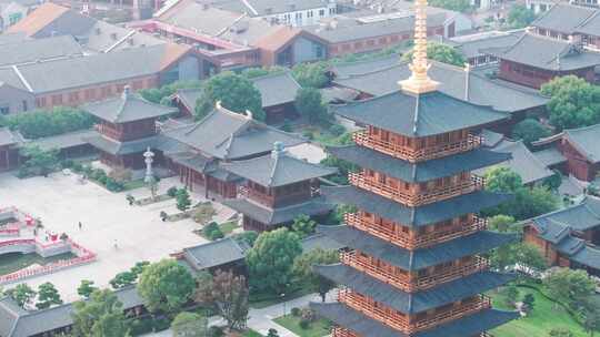 航拍上海宝山寺佛教寺院自然风光