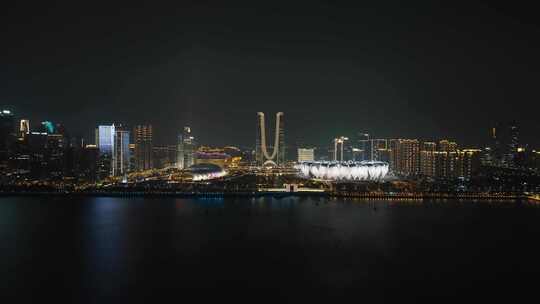 杭州之门城市夜景CBD航拍