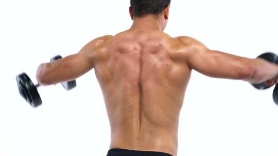 健康男性充满肌肉的正在健身白色背景的视频素材模板下载