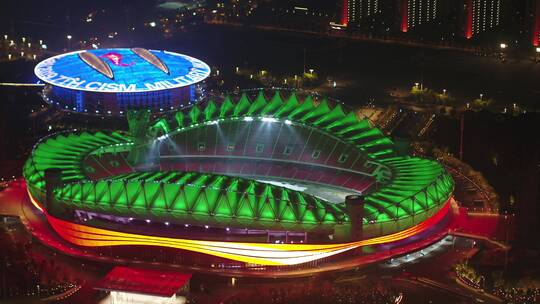 航拍武汉军运会体育中心夜景