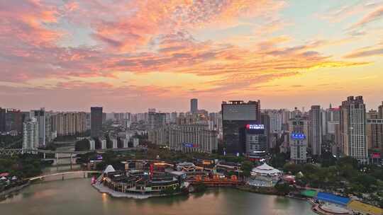 南宁东盟商务区民歌湖火烧云航拍视频素材