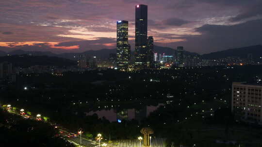 深圳新区航拍夜晚高楼大厦灯光延时摄影