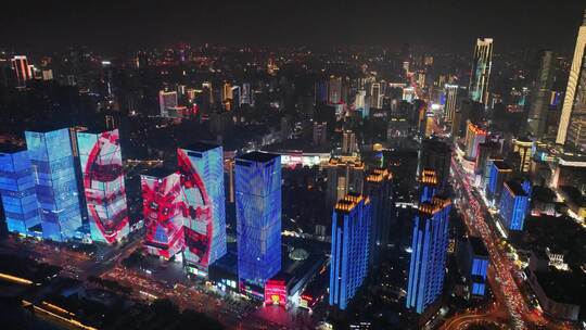 长沙夜景航拍开福区万达广场湘江灯光秀风光