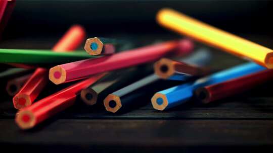 掉落在桌子上的彩色铅笔