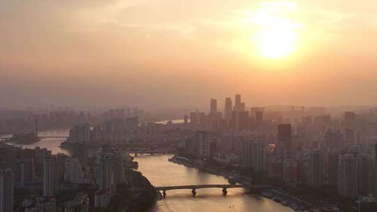 福州日落航拍夕阳城市建筑风光早晨日出阳光