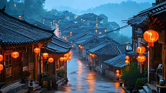 古镇傍晚的雨景 安静祥和 中国风古代氛围