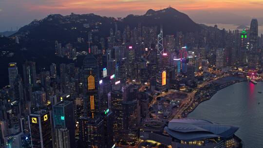香港城市航拍港岛黄昏大景