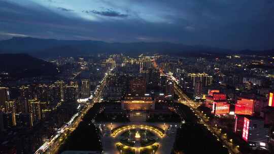 福建龙岩城市夜幕降临晚霞夜景灯光航拍