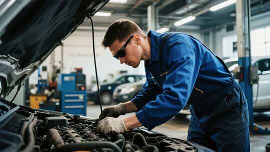 工人检修汽车发动机