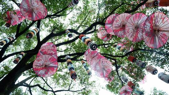 景区公园内中国风 油纸伞 中式彩色吊灯