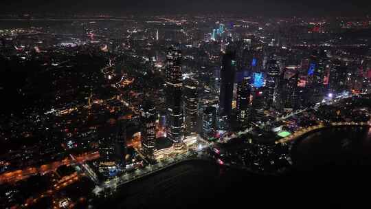 青岛夜景海边cbd城市航拍4K素材