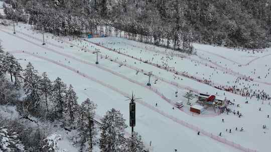 被雪覆盖的热闹滑雪场全景