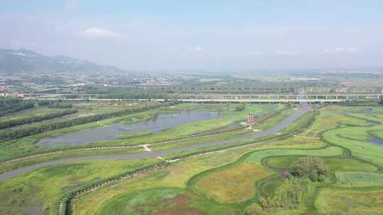 航拍草地 官厅水库湿地公园视频素材模板下载