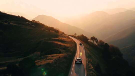 道路上行驶的汽车山路逆光唯美空镜