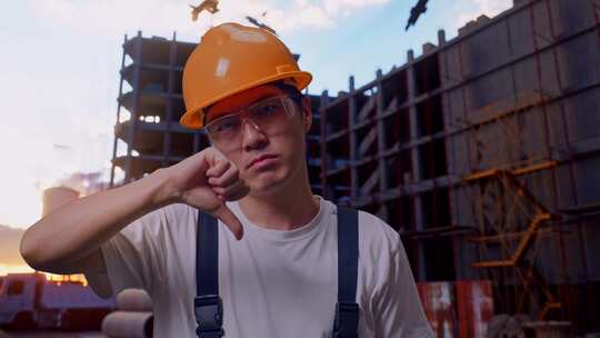 亚洲男子工人在建筑工地向摄像机展示拇指向