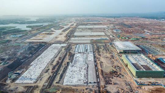 航拍延时建设中的鄂州花湖机场鄂州机场全景
